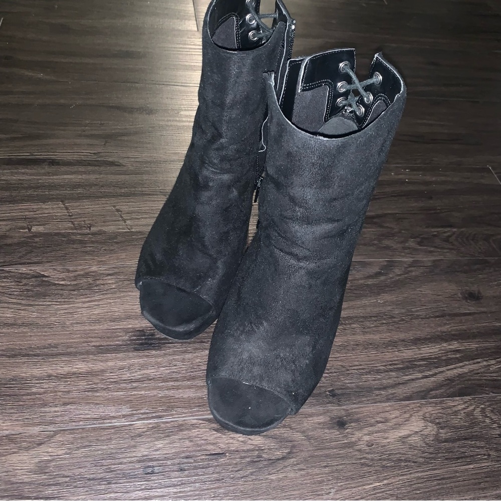 Black peep toe platform lace up heels